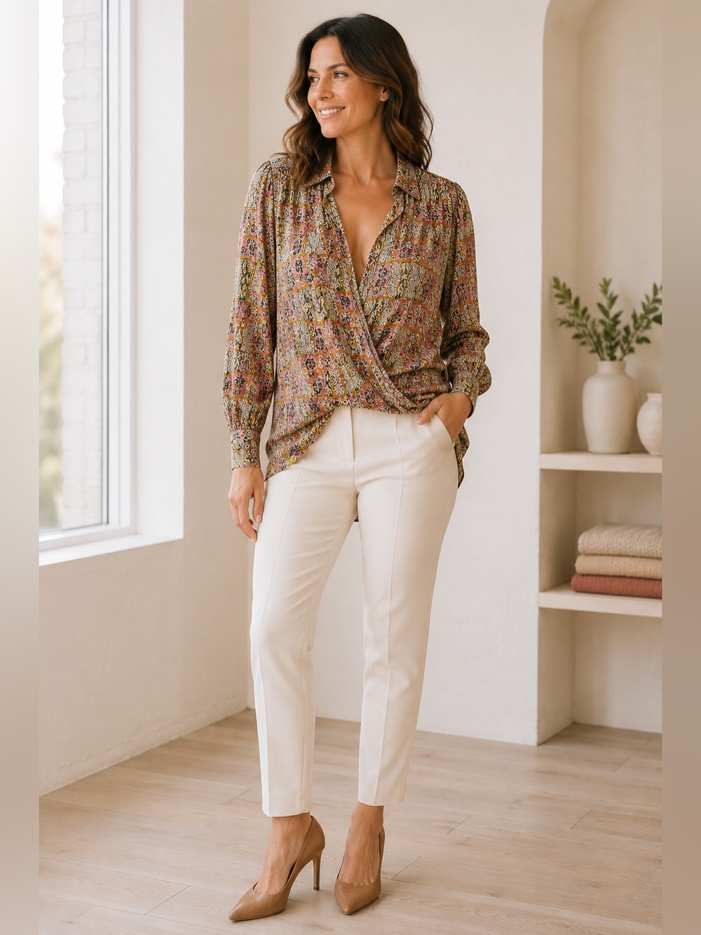 Pilcro Pink Green Floral-Geometric Wrap Blouse